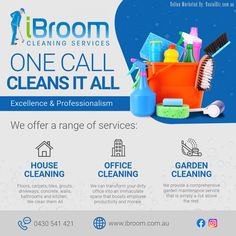 a cleaning service flyer is shown in blue and white