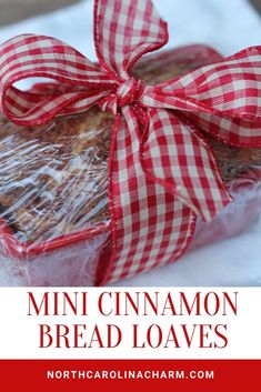 mini cinnamon bread loaves wrapped in red and white checkered ribbon