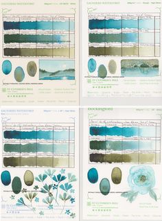 four different types of blue and green watercolors on white paper, each with flowers