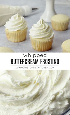 whipped vanilla buttercream frosting on top of cupcakes