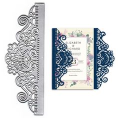 a wedding card with an intricate design on the front and back, next to a laser die