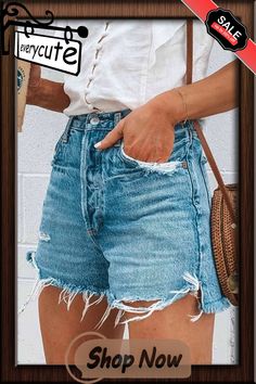 Summer Loose Button Ripped Fringed Denim Shorts Customer Support, Womens Bottoms, Denim Shorts, Fast Delivery, Womens Shorts