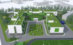 an artist's rendering of a soccer field with buildings in the foreground and trees on the far side