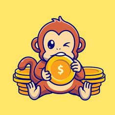 a monkey sitting on stacks of coins holding a coin