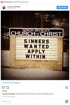 a church sign with the words sinns wanted apply within