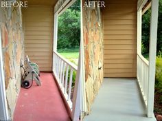 before and after photos of a porch being remodeled with stone siding on the side, and an open door leading to another room