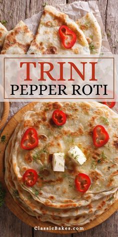 thin pepper roti with cheese and tomatoes on top, in front of the recipe