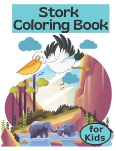 the stork coloring book for kids with an elephant and giraffe in the background