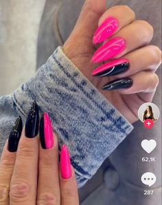 Simple Hot Pink Nails Acrylic, Black And Hot Pink Valentines Nails, Neon Pink Almond Nails Design, Black Neon Nail Designs, Neon Black Nails, Neon Nails With Black, Pink And Black Valentines Nails, Black And Neon Pink Nails, Hot Pink And Purple Nails