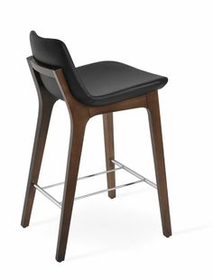 a wooden stool with black leather upholstered seat and backrest, viewed from the front