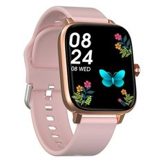 a pink smart watch with flowers and butterflies on the screen, showing the time displayed