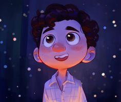 a cartoon boy with curly hair and big eyes looking at the camera while standing in front of snow flakes