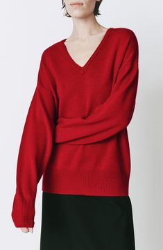 Extended ribbed trim adds to the oversized aesthetic of this sweater knit from a fine, warm blend of wool enriched with the soft touch of cashmere. 27" length (size Medium) V-neck Long sleeves with ribbed cuffs 70% wool, 30% cashmere Dry clean Imported Oversized Aesthetic, Womens Fashion Inspiration, Dress Shoes Womens, Fabric Gift Bags, Sweater Knit, Beauty Trends, Free Fabric, Fabric Gifts, Cashmere Sweater