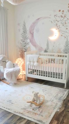 Baby Girl Space Nursery, Newborn Room Girl, Girl Nursery Theme Ideas, Nursery Ideas For A Girl, Storm Nursery, Baby Girls Room Ideas, Baby Room Ideas Girl, Small Room Nursery Ideas, Nature Nursery Ideas