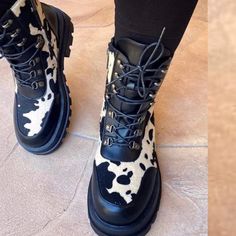 Cow Print Combat Boots Trendy Wide Calf Lace-up Boots For Fall, Black Platform Mid-calf Boots For Fall, Fall Black Mid-calf Platform Boots, Casual Black Platform Mid-calf Boots, Black Platform Mid-calf Boots For Spring, Spring Black Platform Mid-calf Boots, Spring Black Mid-calf Platform Boots, Black High-top Mid-calf Boots For Spring, Black Wide Calf Lace-up Boots For Fall