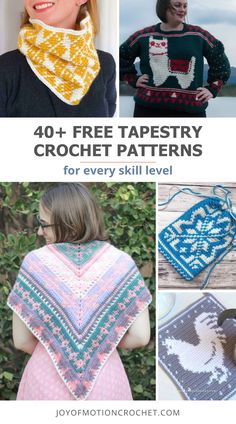 four different crochet patterns with text that reads 40 + free tapestryy crochet patterns for every skill level