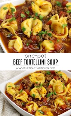 one pot beef tortellini soup in a white bowl and another photo with text overlay