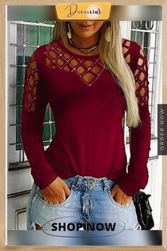 Solid Round Neck Long Sleeves Casual Knit T-shirts Trendy Long Sleeve Knit T-shirt, Trendy Knit T-shirt For Fall, Casual Knit T-shirt For Winter, Winter Knit Long Sleeve T-shirt, Long Sleeve Knit T-shirt For Winter, Winter Knit Crew Neck T-shirt, Knit Long Sleeve T-shirt For Fall, Knit Long Sleeve T-shirt For Winter, Red Crew Neck Knit Top