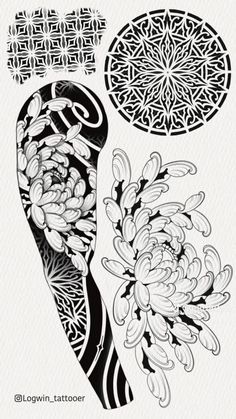 an intricately designed foot with flowers and circles in the background, on top of a white