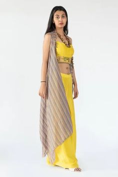 Shop for Nikita Vishakha Yellow Bralette Printed Cape Pant Set for Women Online at Aza Fashions Summer Maxi Sets With Dupatta, Summer Maxi Length Sets With Dupatta, Summer Sets With Sheer Dupatta And Cape Sleeves, Summer Festive Palazzo Set With Cape Sleeves, Bohemian Party Sets With Cape Sleeves, Summer Georgette Sets With Cape Sleeves, Summer Sets In Georgette With Cape Sleeves, Bohemian Set With Sheer Dupatta And Maxi Length, Summer Sets With Cape Sleeves In Georgette