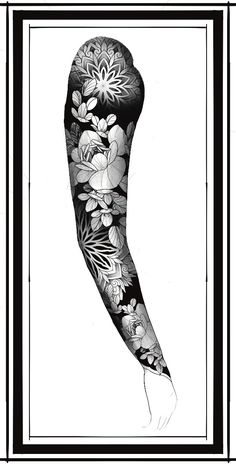 a black and white drawing of a woman's arm with flowers on the side