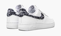 The Women’s Nike Air Force 1 Low “Black Paisley” is a women’s only colorway of the vintage basketball shoe that incorporates a unique paisley pattern on its design.  Based on the Air Force 1’s timeless “White on White” colorway, the “Black Paisley” features a mostly monochromatic white leather design, with white leather on the perforated toe, mid-panel, collar, and heel.  A contrasting, black-based paisley print appears on the canvas Swoosh and heel with “Nike Air” branding.  The white nylon ton Womens Air Force 1, Sneakers Adidas, Nike Air Force 1 Low, Nike Womens, Air Force 1 Low, Air Max 1, Nike Air Force 1, Nike Dunk, Leather Design