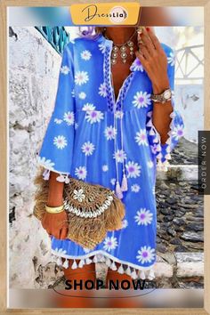 Women Boho Holiday Floral Tassel Sweet V Neck A-lined Mini Summer Dresses Floryday Vestidos, Loose Mini Dress, Butterfly Sleeve Dress, Holiday Floral, Tassel Dress, Bohemian Women, Mini Robes, Fringe Dress, Summer Party Dress