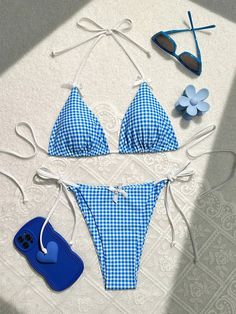 Sunset Charm Plaid Bikini With Bows – Sunset and Swim Female Swimwear, Plaid Bikinis, Cami Bodysuit, Swimwear Women, Cute Bikinis, Print Swimsuit, Gingham Print, Summer Beach Wear, Halter Style