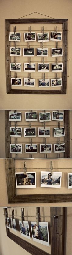 three pictures hanging on a wall with wooden frames