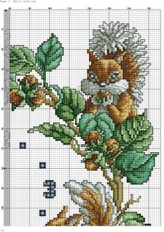 a cross stitch pattern with an image of a cat on a tree branch and leaves