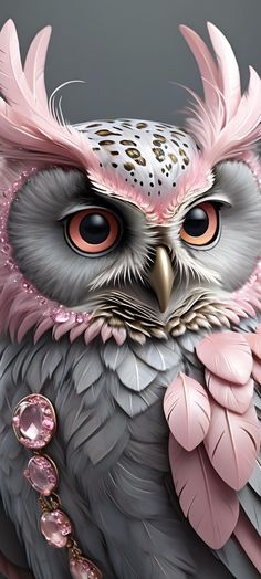 an owl with pink feathers and jewels on it's head