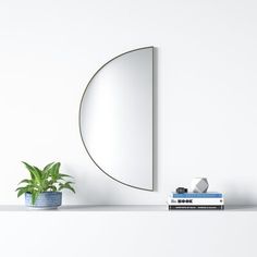 a white shelf with a plant and mirror on it