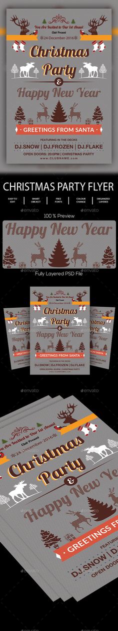 the christmas party flyer is shown in three different colors