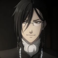 an anime character with black hair and glasses looking at the camera, in front of a dark background