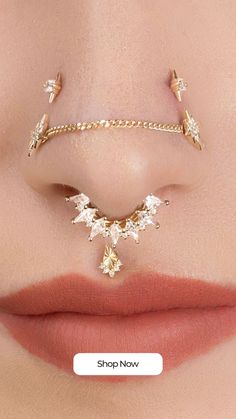 a woman's lips with gold piercings and jewels on her nose is shown