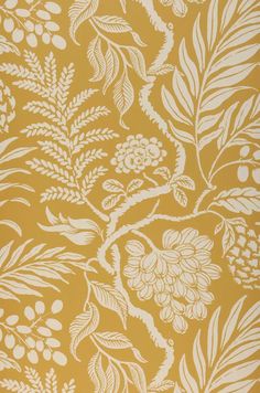 a yellow and white wallpaper with flowers and leaves on it's side,