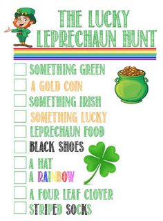 the lucky leprechaun hunt game is shown with shamrocks and pot of gold