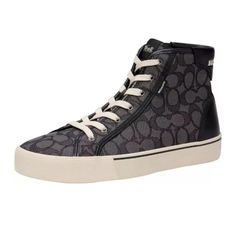 Coach Men's Size 12 Black Skate Signature Jacquard Hi-Top Lace Up Trainers. * New With Box * Rubber Outsole * Lace-Up Closure * Color Black Black Textile High-top Sneakers With Round Toe, Black Textile High-top Lace-up Sneakers, Black Textile Lace-up High-top Sneakers, Coach Black Round Toe Sneakers, Coach Black Leather Sneakers, Black Leather Coach Sneakers, Coach Black Casual Sneakers, Casual Black Coach Sneakers, Tenis Coach