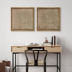 two paintings hang on the wall above a desk with a book and chair in front of it