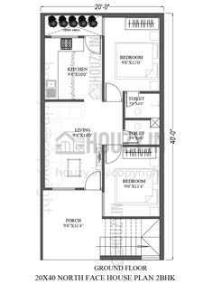 the floor plan for a two bedroom house with an attached kitchen and living room area