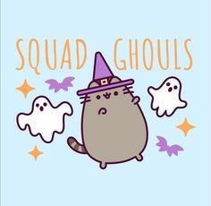 a cat wearing a witches hat with ghostes around it and the words squad ghouls