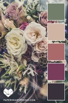 a bouquet with flowers and greenery is shown in the color palette for this wedding photo