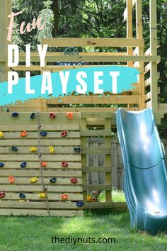 a wooden play set with a slide and climbing wall in the background text overlay reads how to build a diy playset