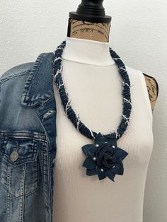 Blue Denim Fabric Necklace,Handmade in USA, Denim  Necklace,Denim Jewelry Necklace, Scarf Necklace,Best Eco Friendly.Lightweight and Confortable,For All Day Wear,All Garments are Washed an Steamed, Decorated with Denim Flower and Pearls, 28" Necklace,Flower 3" Handmade Blue Denim Jewelry, Denim Necklace, Necklace Scarf, Jacksonville Beach, Denim Jewelry, Denim Flowers, Scarf Necklace, Fabric Necklace, Necklace Flower