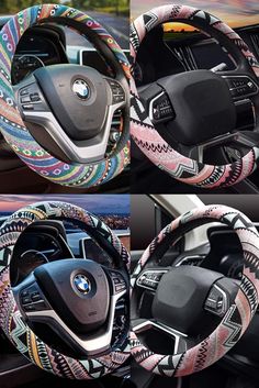 the steering wheel cover is decorated with multicolored fabric and has an abstract design