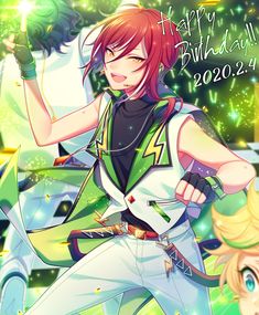 an anime character holding a baseball bat in front of a green and white background with the words happy birthday 2012