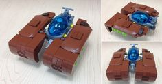 four pictures of the inside of a lego vehicle with different angles and materials to make it look like a spaceship