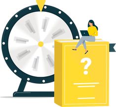 a person sitting on top of a box next to a giant clock with question marks