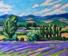 an oil painting of lavender fields and trees