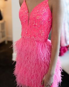 V-Neck Hot Pink Feathers Short Homecoming Dress Feather Homecoming Dress, Spring Dance Dresses, Spring Fling Dress, Cute Hoco Dresses, Hot Pink Bodycon, Tight Homecoming Dress, Bodycon Dress Homecoming, Cute Formal Dresses, School Dance Dresses